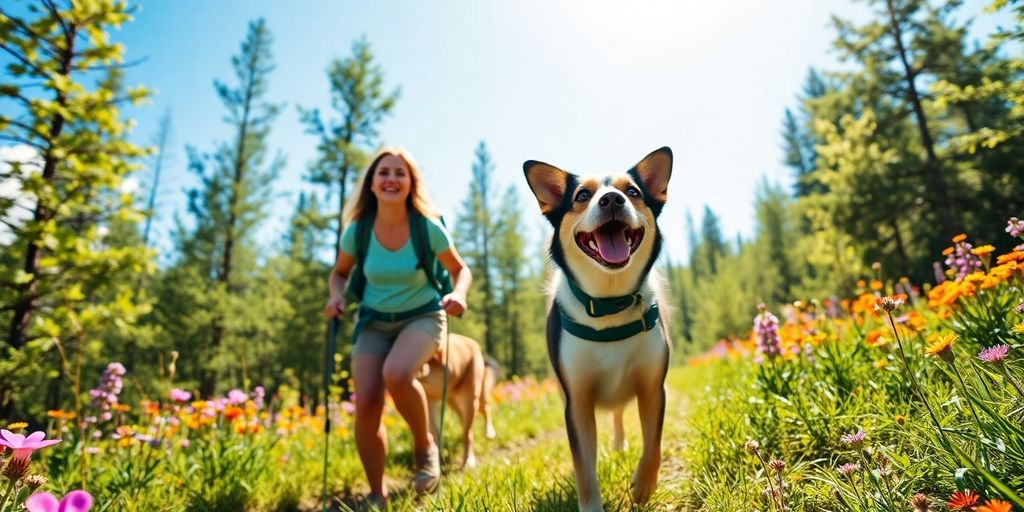Dog and owner hiking in a lush green forest.