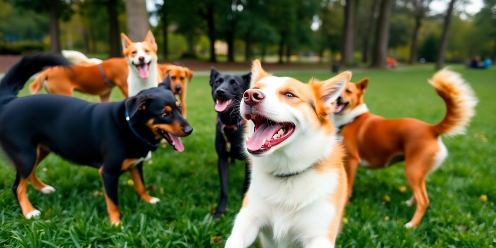 Happy dogs playing together in a sunny park.
