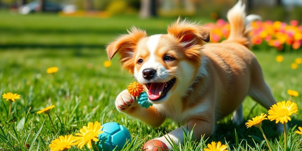Happy dog playing with toys in a vibrant park setting.