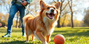 Happy dog playing with owner in a sunny park.
