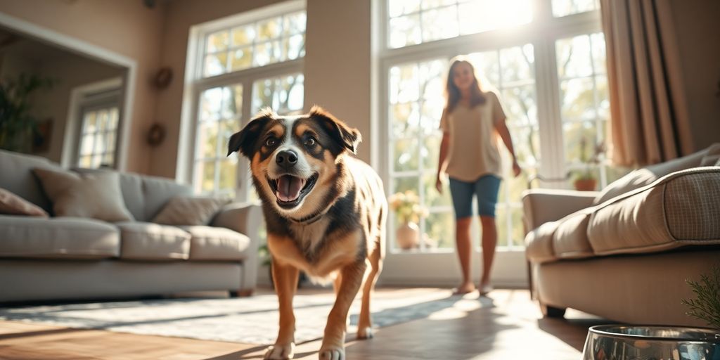 Owner and dog in a bright, welcoming living room.