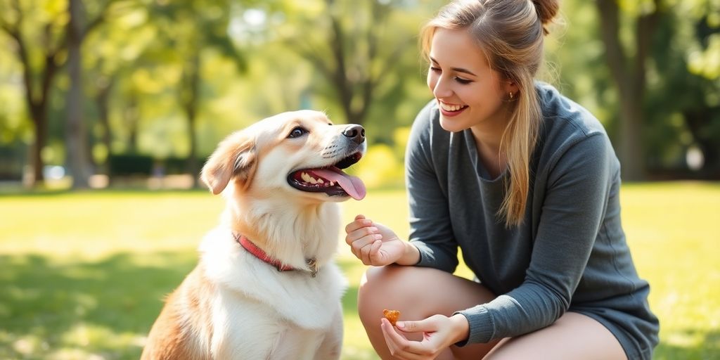 Dog receiving a treat from owner during positive training