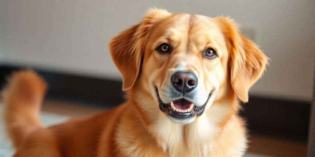 Happy golden retriever dog looking attentively with perked ears.