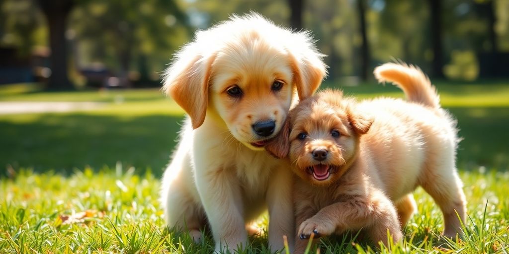 Golden retriever puppy playing with another puppy in a park.