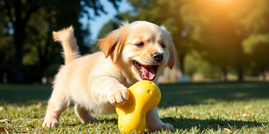 Golden retriever puppy plays with colorful chew toy in park.