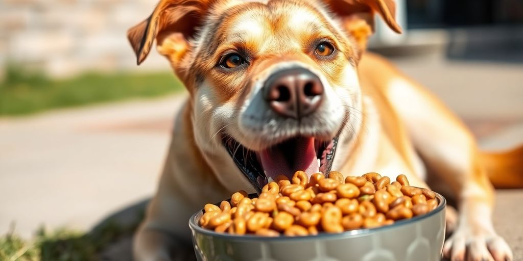 Healthy dog enjoying a bowl of nutritious food outdoors.