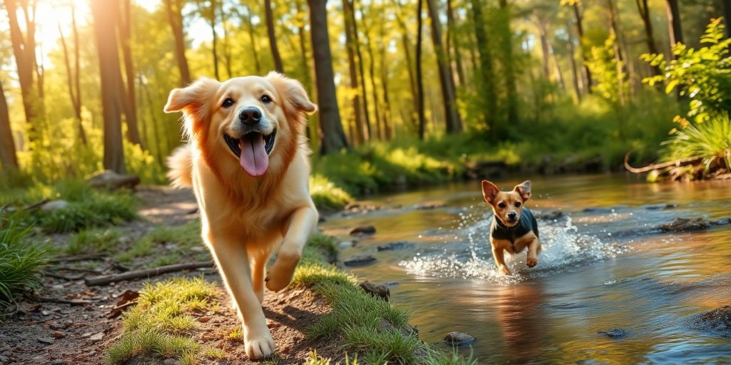 Dog running and playing outdoors.