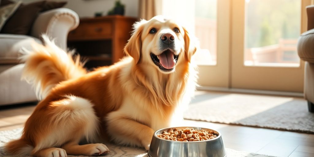 Happy dog sitting by food bowl in sunny room