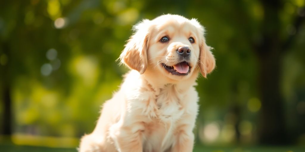 Happy puppy sitting in a sunny park.