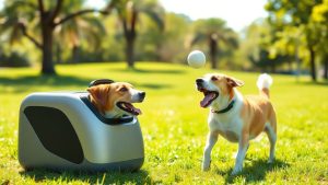 Dog playing fetch with an automatic ball launcher