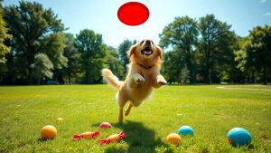 Dog catching a frisbee, surrounded by toys.