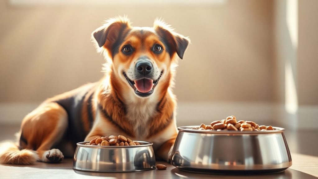 Healthy dog and bowl of premium dog food.