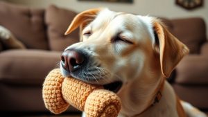 Senior dog playing with a soft toy.