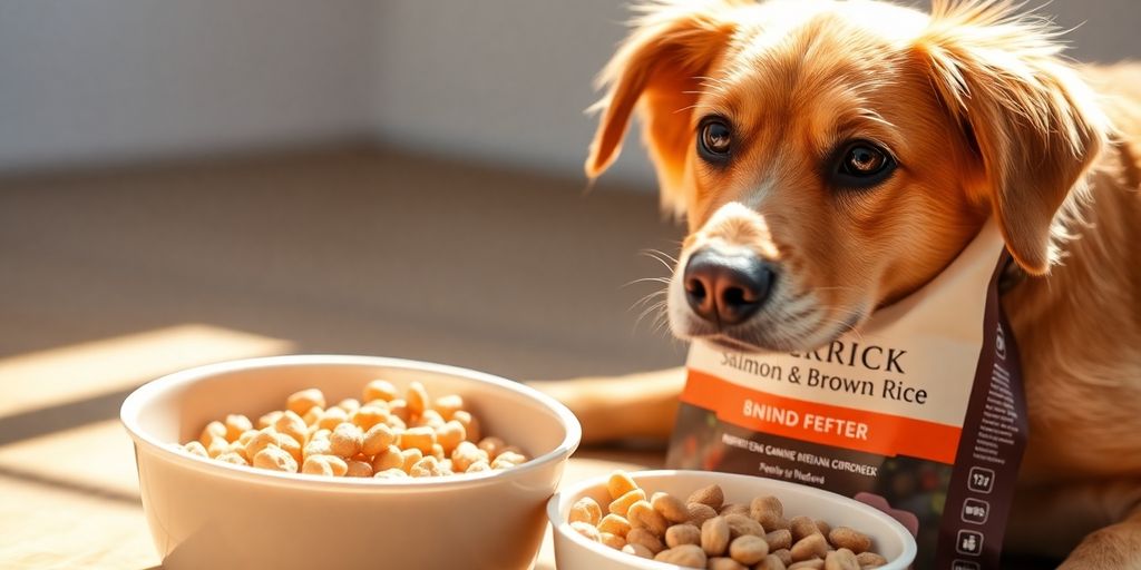 Merrick Salmon and Brown Rice dog food with a happy dog.