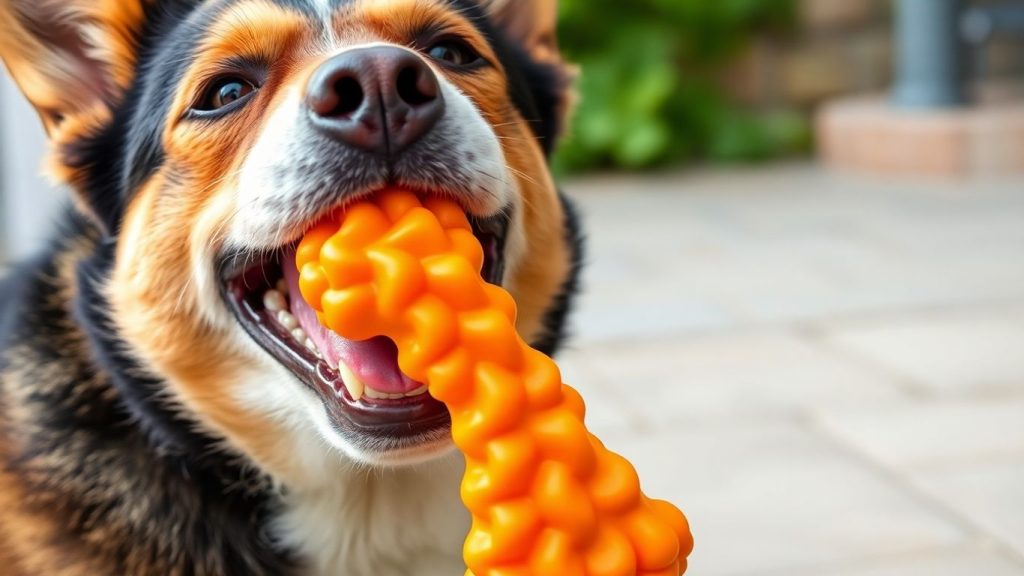 Dog happily chewing a durable, colorful toy.