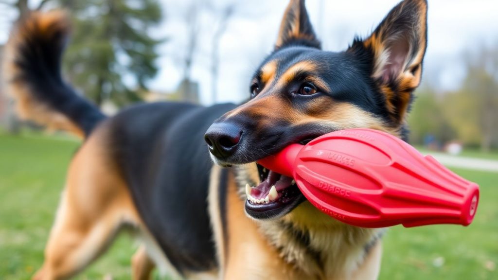German Shepherd playing with a red Kong toy