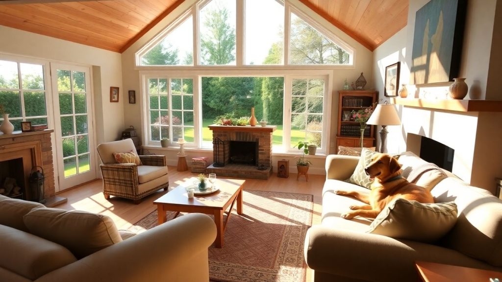 Cozy cottage living room with a dog enjoying a sunny spot.