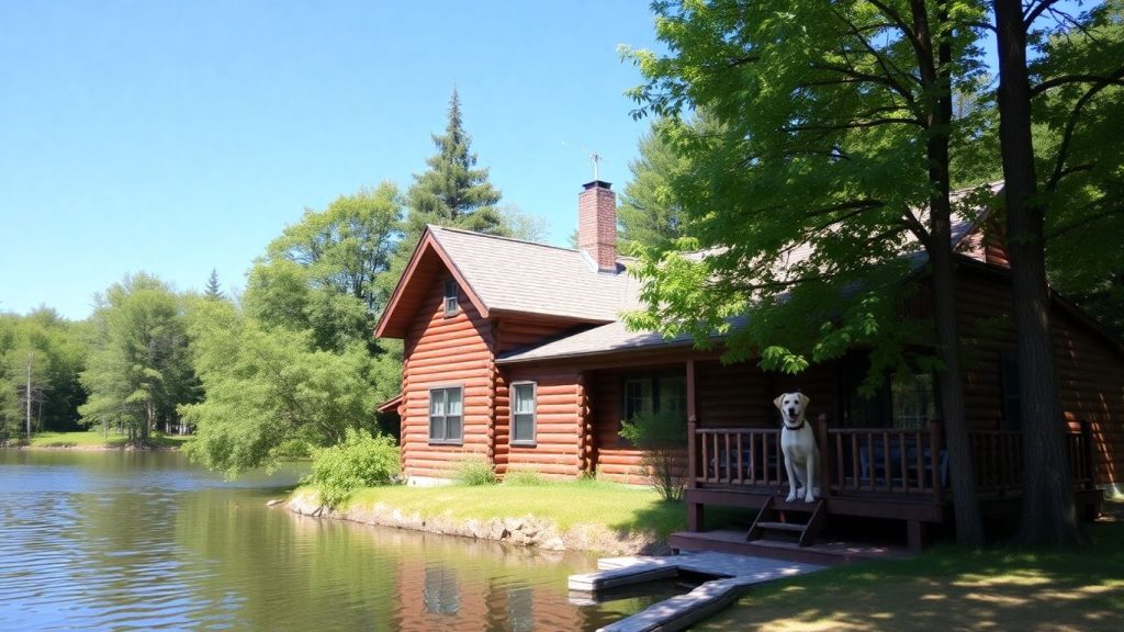 Dog enjoying a log cabin by a lake.