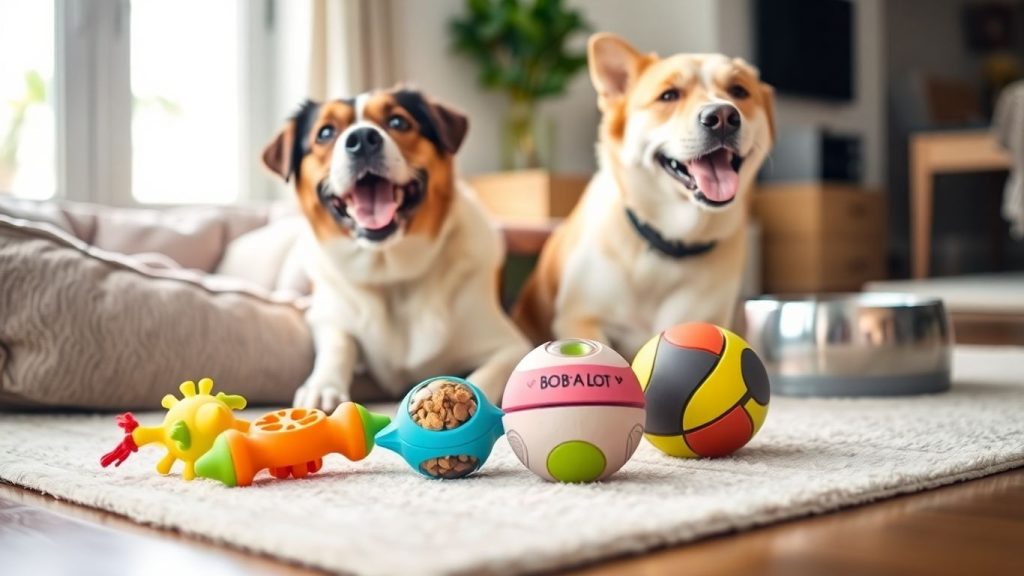 Dog playing with Starmark Bob-A-Lot, Chew Ball, Bento Ball indoors.
