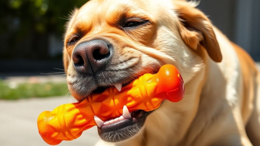Dog happily chewing a tough, colorful toy.