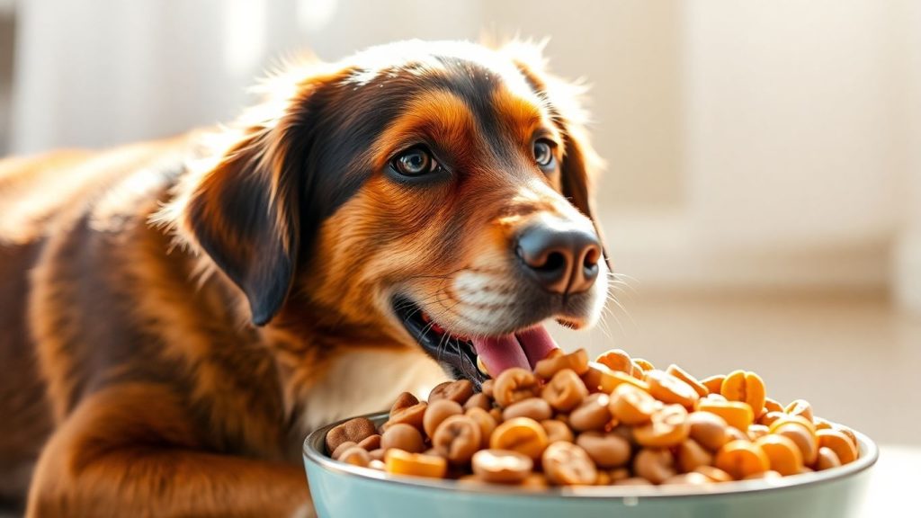 Healthy dog eating from a food bowl.