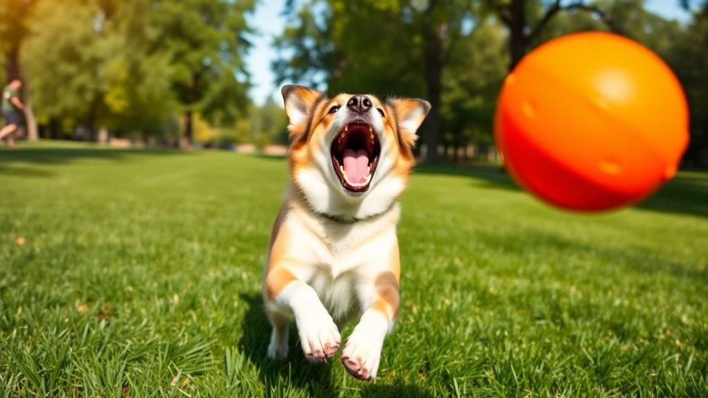 Dog catching Chuckit ball in park