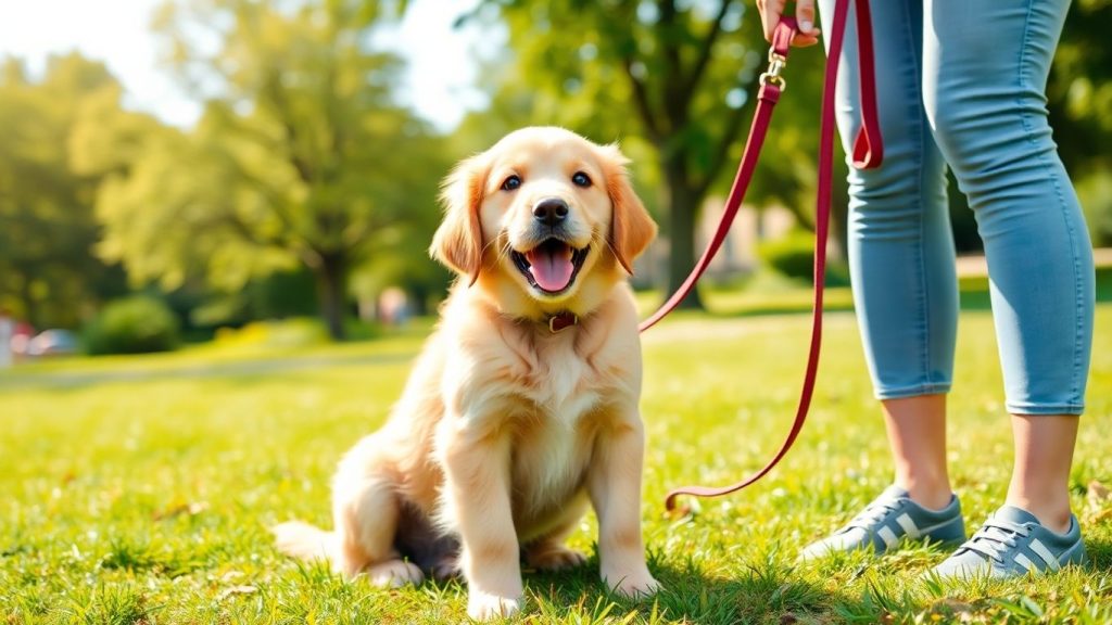 Golden retriever puppy sitting with owner in a park.