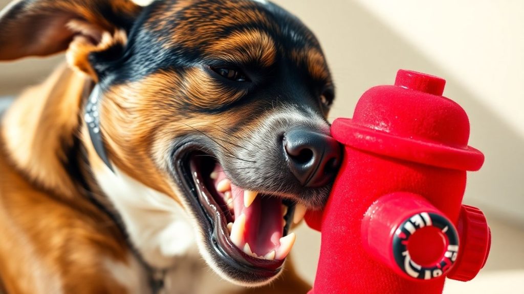 Dog playing with a durable plush fire hydrant toy.