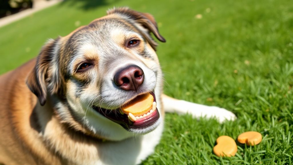 Senior dog enjoying a healthy treat outdoors.