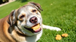 Senior dog enjoying a healthy treat outdoors.