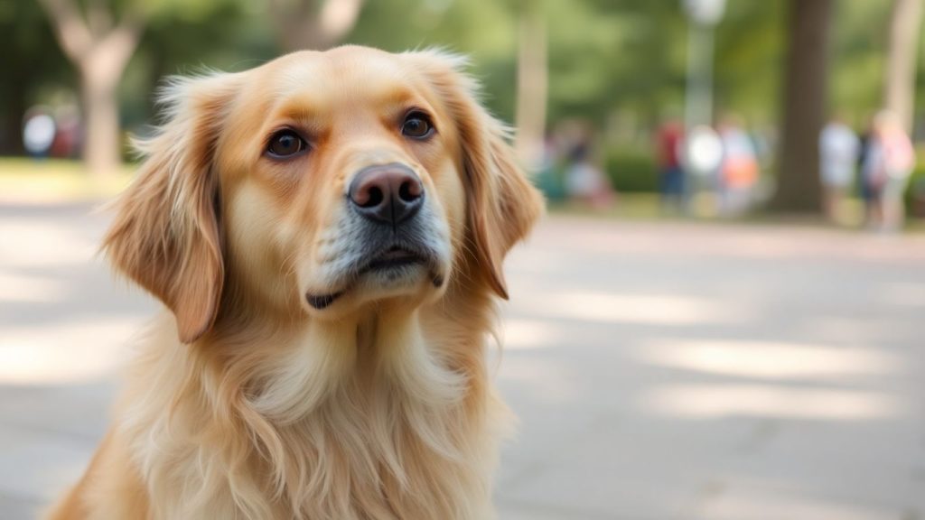 Golden retriever looking curious in a park.