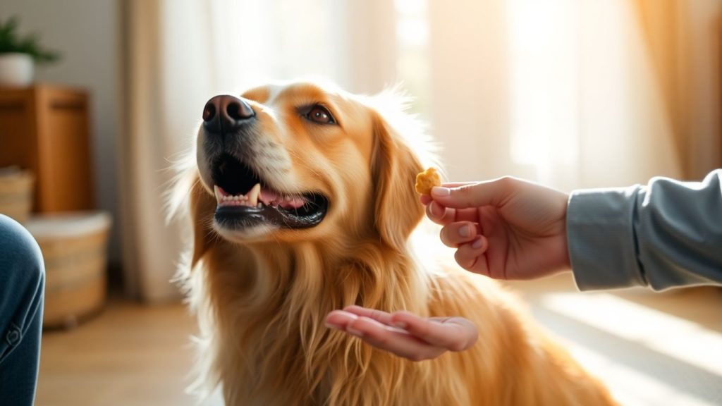 Dog receiving a treat from owner