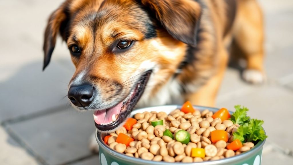Healthy dog eating nutritious food outdoors.