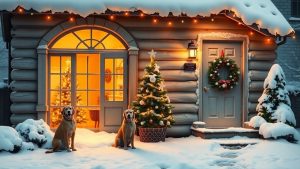 Cozy dog-friendly cottage decorated for Christmas.